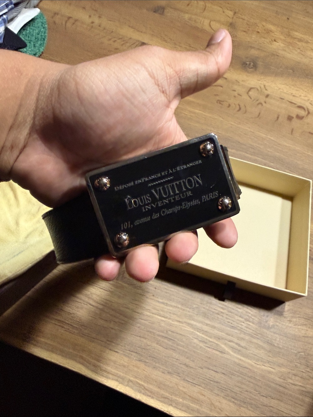 Louis Vuitton Black Leather Belt with Metal Logo Plaque